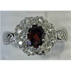 #32-STERLING SILVER GARNET & WHITE TOPAZ RING