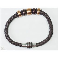 #34-STAINLESS STEEL BROWN LEATHER BROWN BRACELET