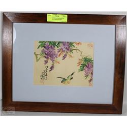 FRAMED CHINESE PAINTING OF BIRD AND FLOWER ON SILK