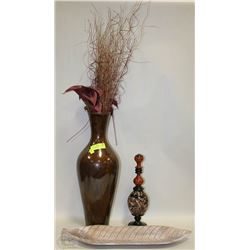 LOT OF 3 HOME DECOR ORNAMENTS INCL LARGE VASE