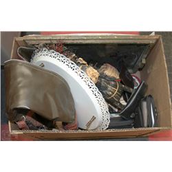 BOX WITH ASST. ORNAMENTS,DAYRUNNERS & GUN CASE