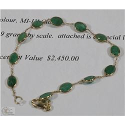 14K YELLOW GOLD FANCY LINK EMERALD BRACELET W/COA
