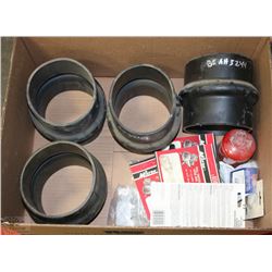 BOX OF NEW PIPE FITTINGS, OIL FILTER HOSE ENDS ETC