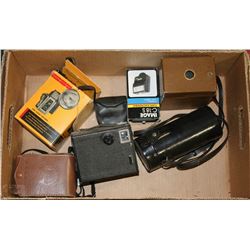 BOX OF 4 VINTAGE CAMERAS, FLASHES AND A TELEPHONE