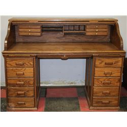 1980'S OAK ROLL TOP DESK WITH 10 DRAWERS