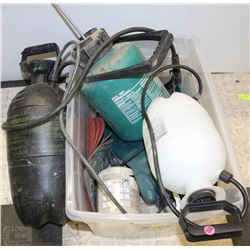 BOX OF MISC. TOOLS WITH SPRAYERS