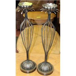 PAIR OF METAL HEAVY BASE FLORAL CANDLE HOLDERS