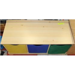WOODEN TOY STORAGE WITH 3 FABRIC STORAGE BINS