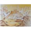 Image 2 : Asian Watercolor on Canvas Abstract Village Scene Signed Rare One of a Kind