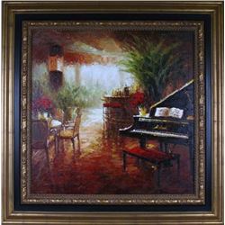 Piano Café Scene RED Vibrant Colorful Impressionism Texture Heavy Texture Original Musical Landscape