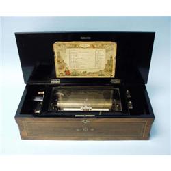 An antique Swiss music box. Rectangular case...