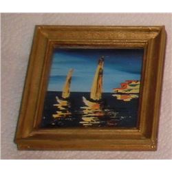 Small painting"Two Sails - Deux voiliers" 4 x 4" - 5 1/4 x 5 1/4"  peinture