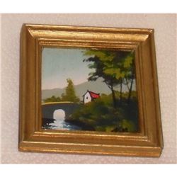 Small painting "House and Bridge - Pont et maison" 4 x 4" - 5 1/4 x 5 1/4"  peinture petite