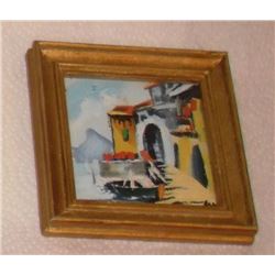 Small painting "Boat and Houses - Maisons et bateau" 4 x 4" - 5 1/4 x 5 1/4"  peinture petite