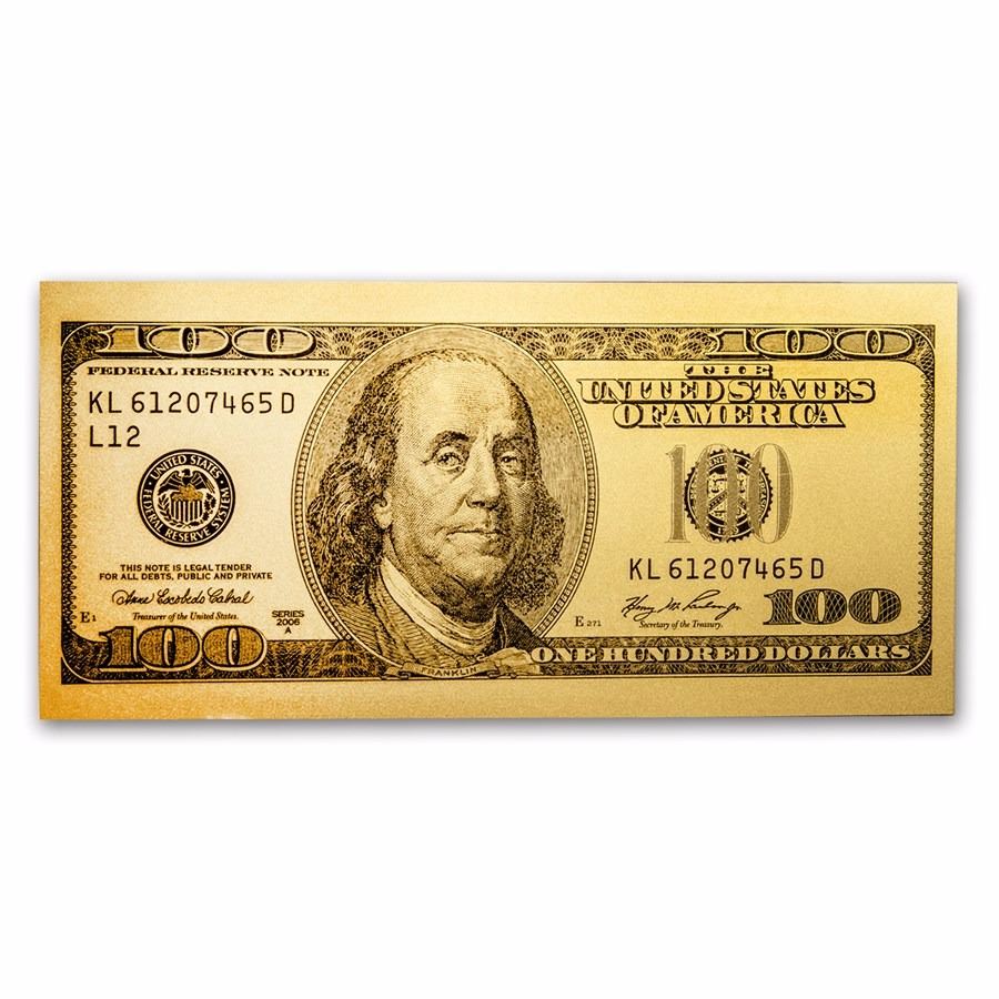 1 gram 24K .999 Pure Gold Note - $100 Bill (Benjamin Franklin Design)