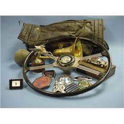Collection Of Antique Motoring Items, Radiator Cover, Steering Wheel,  Horn, 4 Car Mascots/Badges...
