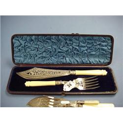 Cased Bone Handled Fish Servers With Chased And Pierced Decoration  And One Other Pair Bread Fork...