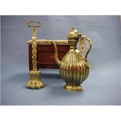 Small Inlaid Work Stool, Brass Lions Paw Door Stop And Eastern Coffee  Pot £30-50...