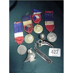 Four French Medals, Bird Design Container, Silver Thimble, Cigar  Cutter And Knife £25-35...
