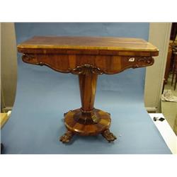 Rosewood Card Table On Tapered Support On Claw Foot £600-800...