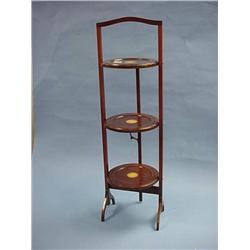 Edwardian Mahogany Three Tier Folding Cake Stand With Painted  Decorative Detail And Boxwood Stri...