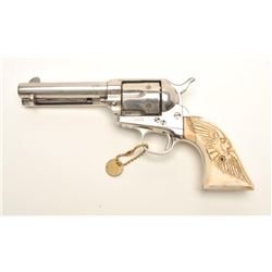 Colt SAA revolver, .41 caliber, 4.75” barrel,  old re-nickel finish, double carved bone  grips, S/N