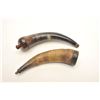 Image 1 : Lot of 2 powder horns; one is approximately  11” overall showing weathering and age; the  other, app