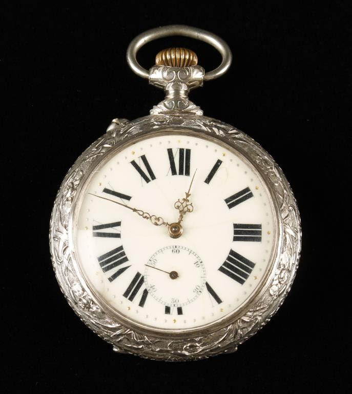 Large fancy open faced pocket watch, approximately 3” in diameter with ...