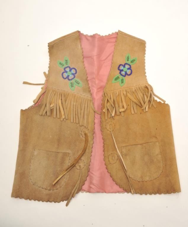 Indian Tanned And Fringed Vest With Beadwork Decoration And Later Silk Lining Late 19th 20th Cent