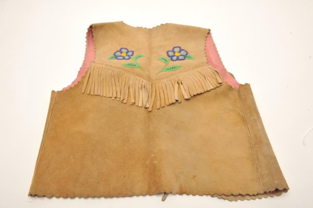 Indian Tanned And Fringed Vest With Beadwork Decoration And Later Silk Lining Late 19th 20th Cent