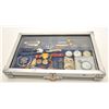 Bonanza lot of misc. collectible smalls in a  metal and glass showcase including pocket  watches, ho