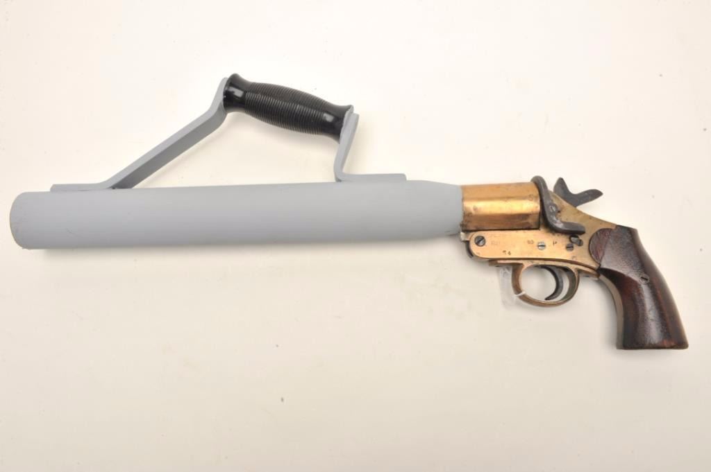 British Schermuly line throwing gun, ca. WW II, brass frame, grey