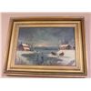 Image 2 : Framed unsigned painting on canvas of evening  winter scene, finely executed in the  primitive style