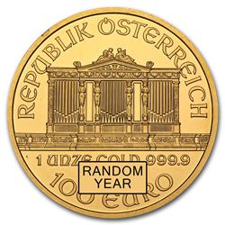 One pc. Austria 1 oz .9999 Fine Gold Philharmonic BU Random Year