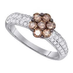 0.85CTW White and Champagne Diamond Flower 10KT Ring White Gold