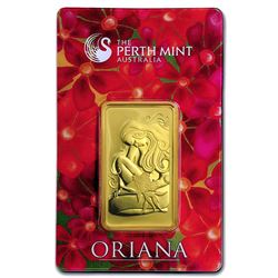 One pc. 1 oz .9999 Fine Gold Bar - Perth Mint Oriana Design In Assay