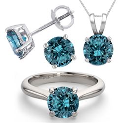 14K White Gold Jewelry SET 4.0CTW Blue Diamond Ring, Earrings, Necklace