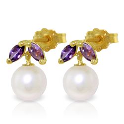 4.4 ctw Pearl & Amethyst Earrings Jewelry 14KT Yellow Gold