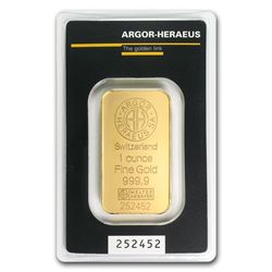 One pc. 1 oz .9999 Fine Gold Bar - Argor-Heraeus in Assay