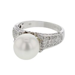 Genuine 18K White Gold 9.1CTW Pearl&Diamond Cocktail Ring - REF-108Z4T