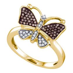 0.20CTW White and Champagne Diamond Butterfly 10KT Ring Yellow Gold