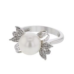 Genuine 14K White Gold 5.69CTW Pearl&Diamond Fashion Ring - REF-37M4F