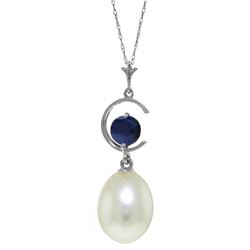 4.5 ctw Pearl & Sapphire Necklace Jewelry 14KT White Gold