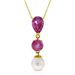5.25 ctw Pink Topaz, Blue Topaz & Pearl Necklace Jewelry 14KT Yellow Gold