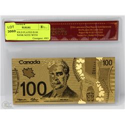 92) 24KT GOLD PLATED $100 CANADA BANK NOTE WITH