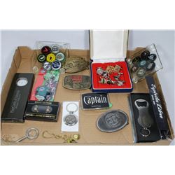 MAN CAVE ITEMS BELT BUCKLES, 2 BEER CAP COASTERS