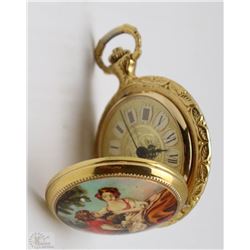 GOLD AND ENAMELED POCKET WATCH IN WORKING ORDER