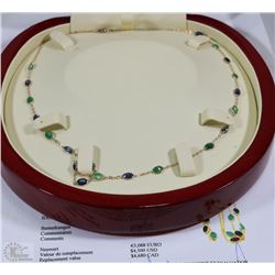 10K YELLOW GOLD EMERALD SAPPHIRE NECKLACE W/ COA