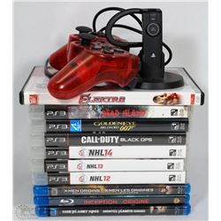 PS3 GAMES, CONTROLLER, HEADSET, BLUE RAY MOVIES.