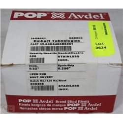 CASE OF 500  POP AVDEL OPEN END STAINLESS RIVETS
